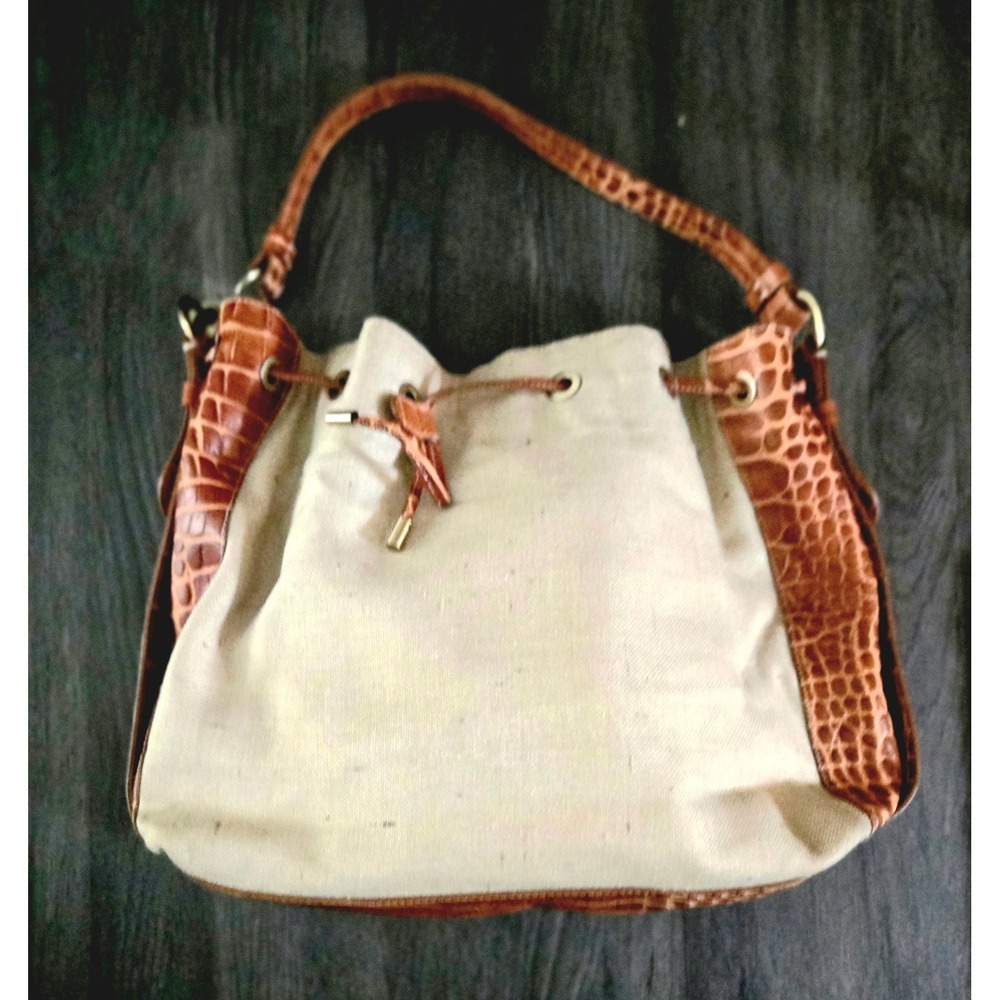 Donald J. Pliner Canvas & Croc-Embossed Leather Trim Drawstring Bag